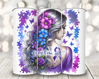 Alzheimer's Awareness Tumbler Wrap, 20 oz Skinny Tumbler Sublimation Design, Forget Me Not Alzheimer's Disease Warrior Digital PNG File