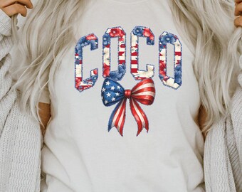 Coco Patriotic Floral PNG Sublimation Design, Coquette Bow 4th of July Png, Trendy July Fourth Png, Grandma Name Toile Chinoiserie Png