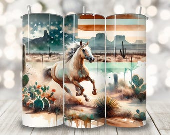 Patriotic Horse Tumbler Wrap, 20 oz Skinny Tumbler Sublimation Design, American Cup Wrap, Boho Desert Horse Lover Png, Western Tumbler Wrap