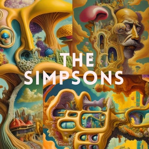 May include: A surreal, psychedelic artwork featuring a multi-coloured landscape with mushroom-like structures and a cityscape in the background. The text "THE SIMPSONS" is prominently displayed in the centre of the image.