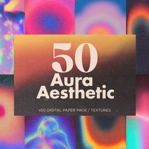 May include: A digital paper pack containing 50 aura aesthetic textures. The pack features a variety of colourful and abstract designs, including gradients, swirls, and geometric patterns.