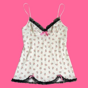 Camisola babydoll floral Y2K Betsey Johnson Intimates con lazos rosas y encaje negro M