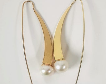 Pearls with certificate for these 9mm white cultured pearl earrings on long gold-plated pendants