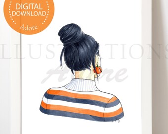 Fashion Bun Art, Dark Hair Fashion Illustration Print, Fashion Hairstyle Wall Decor, Pumpkin Earring Print, Instant Printable Digital