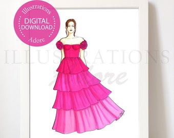 Carnation Dress Brunette Girl Fashion Illustration, Mother's Day Gift for Carnation Lovers, January Birth Month Flower Instant Printable Art