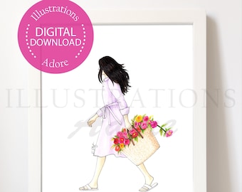 May include: A digital illustration of a woman in a lavender dress walking with a wicker basket full of colorful flowers.