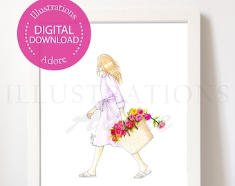 May include: A woman in a lavender dress walks with a wicker basket filled with colorful flowers.