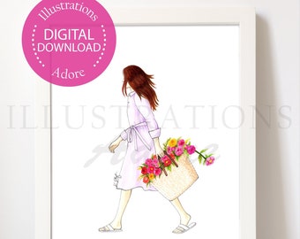 May include: A watercolor illustration of a woman in a light purple dress walking with a wicker basket full of colorful flowers.