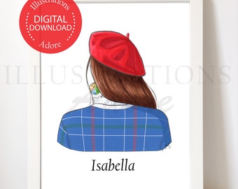 Personalized Red Beret Art, Brunette Fashion Illustration Print, Fashion Hat Wall Decor, Christmas Ornament Earring Print, Printable Digital