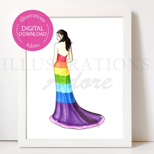 Sparkle Rainbow Mermaid Dress Art, Dark Hair Fashion Illustration Print, Bright Wall Decor, Birthday Gift for Her, Instant Printable Digital image 1