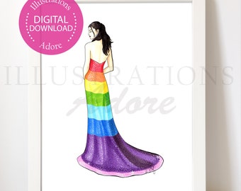 Sparkle Rainbow Mermaid Dress Art, Dark Hair Fashion Illustration Print, Bright Wall Decor, Birthday Gift for Her, Instant Printable Digital