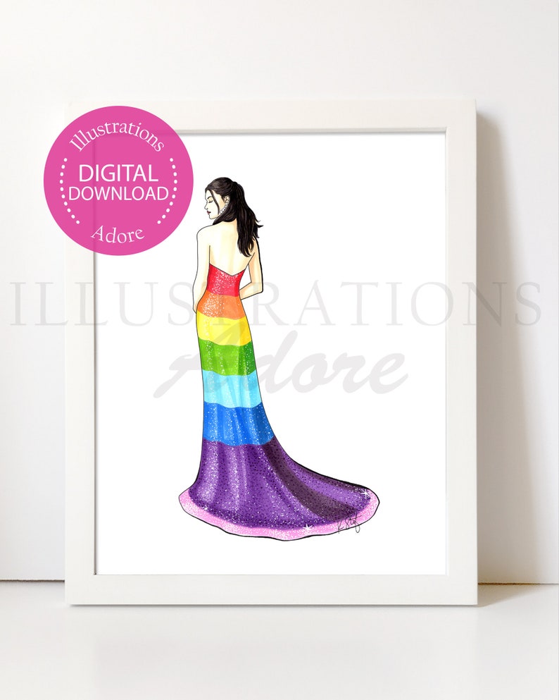 Sparkle Rainbow Mermaid Dress Art, Dark Hair Fashion Illustration Print, Bright Wall Decor, Birthday Gift for Her, Instant Printable Digital image 1