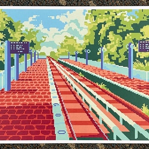 May include: A pixelated illustration of a red brick walkway leading up to a set of stairs with a blue railing. The stairs are part of a funicular railway system. The scene is set against a backdrop of green trees and a blue sky with white clouds.