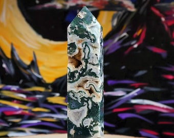 Torre de cristal druzy de ágata musgosa de 9,5 oz de piedra natural