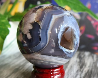 Esfera de cristal de ágata con flor negra, 19,5 oz, piedra natural