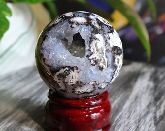 Esfera drusa de jaspe oceánico, cuevas de cristal de Madagascar, piedra natural de 136 g (4,8 oz).