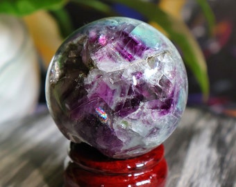 Esfera de fluorita Rainbow Feather, piedra natural, 255 g