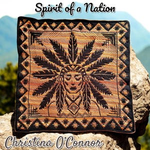 May include: Square, woven textile featuring a Native American chief design. The textile is primarily orange and black, with the words "Spirit of a Nation" and "Christina O'Connor" displayed in the image.