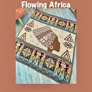 May include: A colorful woven rug with a geometric pattern featuring a woman's face in a head wrap. The rug has a cream background with black, brown, blue, and yellow accents. The text "Flowing Africa" is printed at the top of the image.