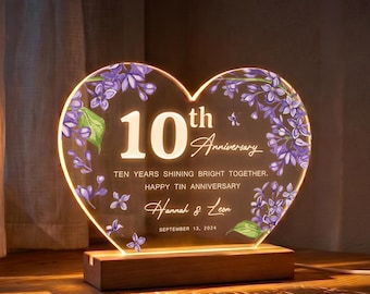 10th Anniversary Gift, Custom Lilac Sign with Names & Date, 10 Year Wedding Gift for Him, Tin Anniversary Gift for Wife, HEART102
