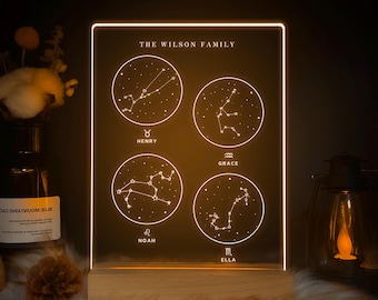 Custom 4 Zodiac Sign Lamp, Family Constellation Plaque, Personalized Astrology Gift for Parents, Engraved Star Map Night Light, STAR01BG