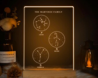 Custom Family Constellation Night Light, Personalized 3 Zodiac Sign Lamp, Mothers Day Gift, Astrology Star Map Plaque, Mom Gift, STAR01BF