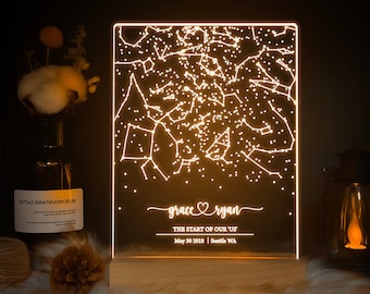 Mapa estelar personalizado por fecha, Luz nocturna del mapa estelar, Mapa de constelaciones personalizado, Cielo nocturno por fecha, Regalo de compromiso para él y ella, STAR02