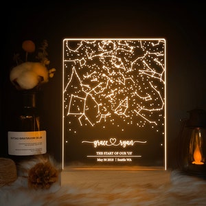 Carte des étoiles personnalisée par date, veilleuse de carte des étoiles, carte de la constellation personnalisée, ciel nocturne par date, cadeau de fiançailles pour elle et lui, STAR02