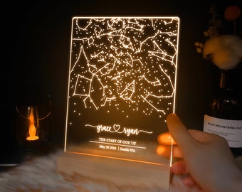 Mapa estelar personalizado por fecha, Luz nocturna del mapa estelar, Mapa de constelación personalizado, Cielo nocturno por fecha, Regalo de compromiso para él y ella, STAR01