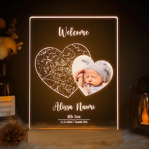 Veilleuse personnalisée carte des étoiles pour bébé, cadeau personnalisé pour nouveau-né avec nom, photo et détails de naissance, décoration de chambre d'enfant, souvenir de baby shower, STAR01AJ