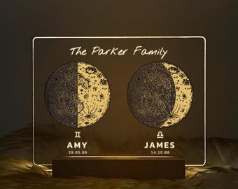 Custom Moon Phase Light, Personalized Couples Gift, Anniversary Gift for Husband Wife, Zodiac Moon Lamp, 3MV14