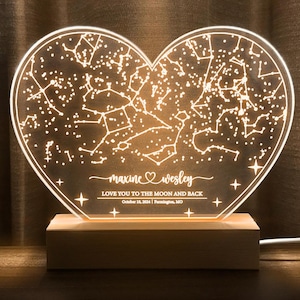 Cadeau pour lui, carte des étoiles personnalisée par date lumineuse, carte des constellations personnalisée, ciel nocturne par date, cadeau d'anniversaire pour elle et lui, COEUR03