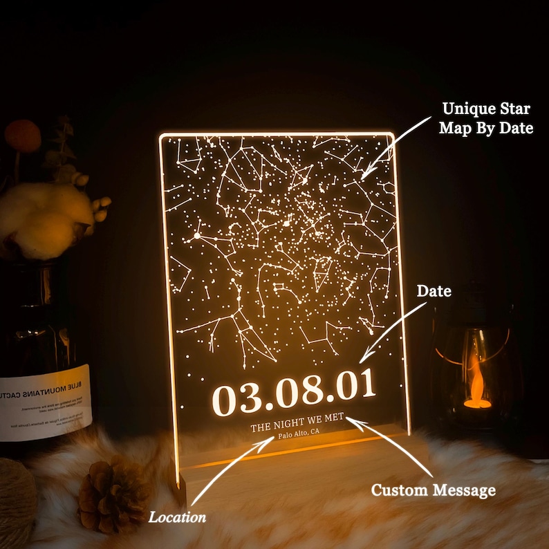 Puede incluir: Una luz LED blanca con un dise&ntilde;o de mapa de estrellas. El mapa muestra las constelaciones como aparecieron el 03.08.01 en Palo Alto, California. El texto "The night we met" est&aacute; debajo de la fecha.