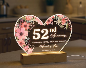 Anniversary Gift, Personalized 52nd Wedding Anniversary Gift For Him, Custom Night Light, Personalised Gift for Her, HEART64