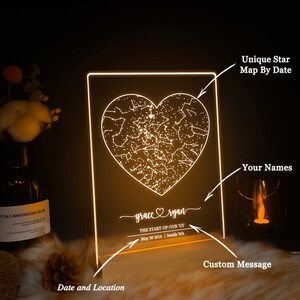 May include: A white illuminated heart-shaped star map with a custom message below. The message reads "grace ryan THE START OF OUR "US" May 30 2018 | Seattle WA".