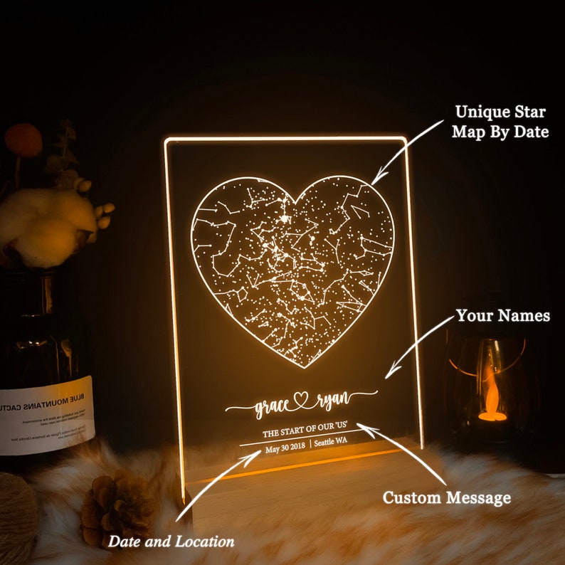 May include: A white illuminated heart-shaped star map with a custom message below. The message reads "grace ryan THE START OF OUR "US" May 30 2018 | Seattle WA".