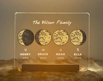 Gift for Mom, Best Mum Gift, Custom Family Moon Phase and Zodiac Gift, Personalised Moon Phase Lamp, 3MV16