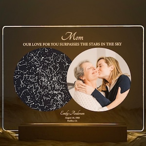 Carte des étoiles par date, cadeau de fête des mères, lampe photo pour carte des étoiles, carte de la constellation personnalisée, ciel nocturne par date, cadeau pour elle, STAR01C