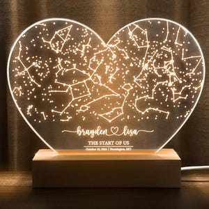 Carte des étoiles personnalisée par date, veilleuse de carte des étoiles, carte de la constellation personnalisée, ciel nocturne par date, cadeau de fiançailles pour lui et elle, HEART01
