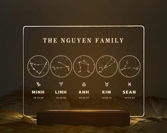 Custom Family of 5 Constellation Night Light, Personalized 5 Zodiac Star Signs Lamp, Astrology Family Gift, Mom Gift, STAR01BD