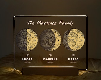 Personalized Moon Phase by Date Gift, Custom Moon Phase Lamp for Mom, Zodiac Moon Lamp, Zodiac Sign Decor, Gift for Parents, 3MV15