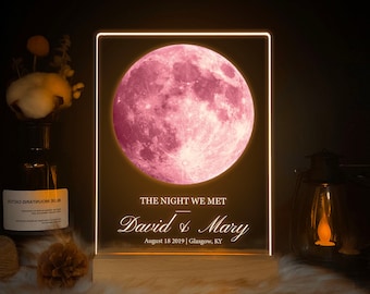 Regalo de aniversario para ella, luz de fase lunar rosa, La noche en que nos casamos, regalo de cielo nocturno por fecha, regalo astrológico para él y para ella, 3MV05