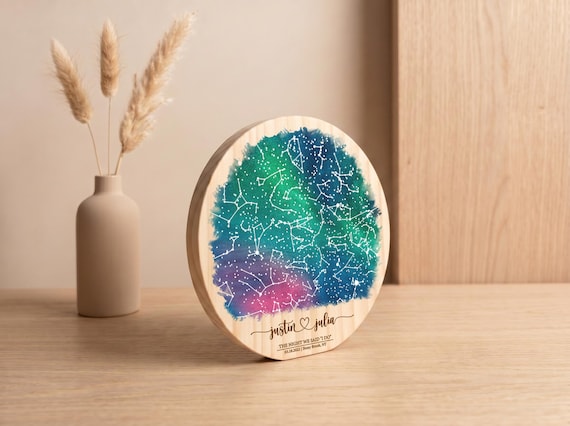 A custom star map printed on wood showing the exact night sky from any date — the 'night we met' angle makes it a genuinely sentimental, visually striking anniversary piece.