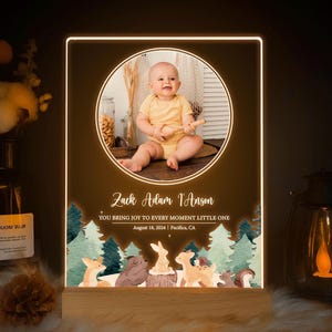 Custom Baby Photo Night Light with Woodland Animals, Personalized Name & Message Sign, Newborn Keepsake, Nursery Decor, NNV15