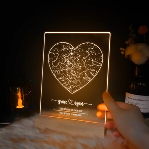 May include: A white LED light with a heart-shaped constellation design. The text "grace ryan" is written below the heart, along with the text "THE START OF OUR 'US'" and "May 30 2018 | Seattle WA".