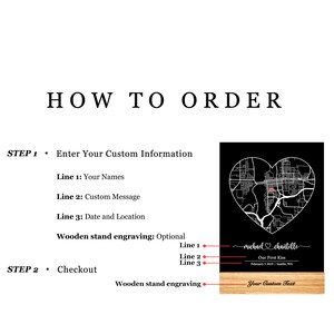 Pu&ograve; includere: Una mappa in bianco e nero di una citt&agrave; con un cuore rosso al centro. La mappa &egrave; su una targa di legno con il testo "michael chantelle Our First Kiss February 5 2019 Seattle, WA Your Custom Text" inciso su di essa.