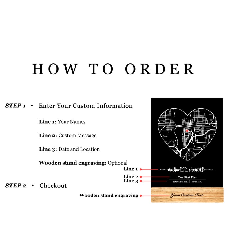 Pu&ograve; includere: Una mappa in bianco e nero di una citt&agrave; con un cuore rosso al centro. La mappa &egrave; su una targa di legno con il testo "michael chantelle Our First Kiss February 5 2019 Seattle, WA Your Custom Text" inciso su di essa.