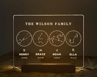 Custom Family of 4 Constellation Night Light, Personalized 4 Zodiac Star Signs Lamp, Astrology Family Gift, Mom Gift, STAR01BC