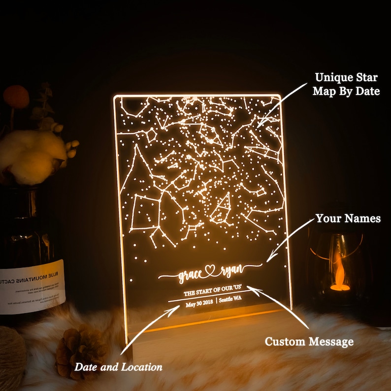 Custom star map by date, Star map night light, Personalized constellation map, Night sky by date, Engagement gift for him and her, STAR01 image 2