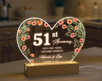 Personalized Anniversary Gift, 51st Wedding Anniversary Gift For Him, Custom Night Light, Personalised Gift for Her, HEART63